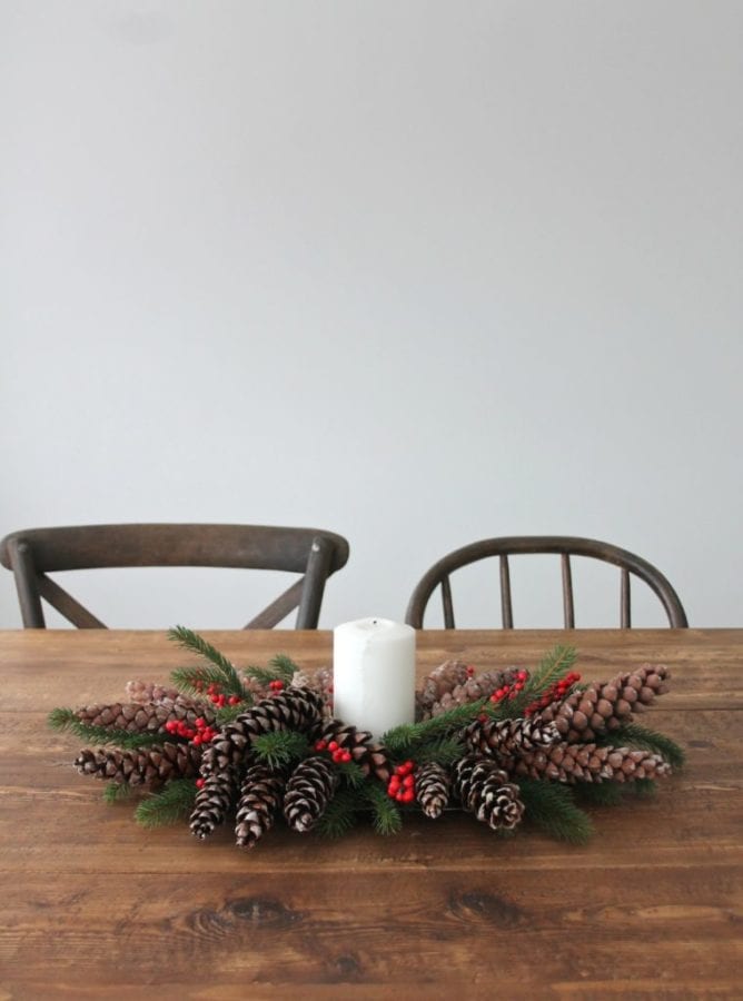 DIY Christmas Centerpiece with Greens and Pinecones