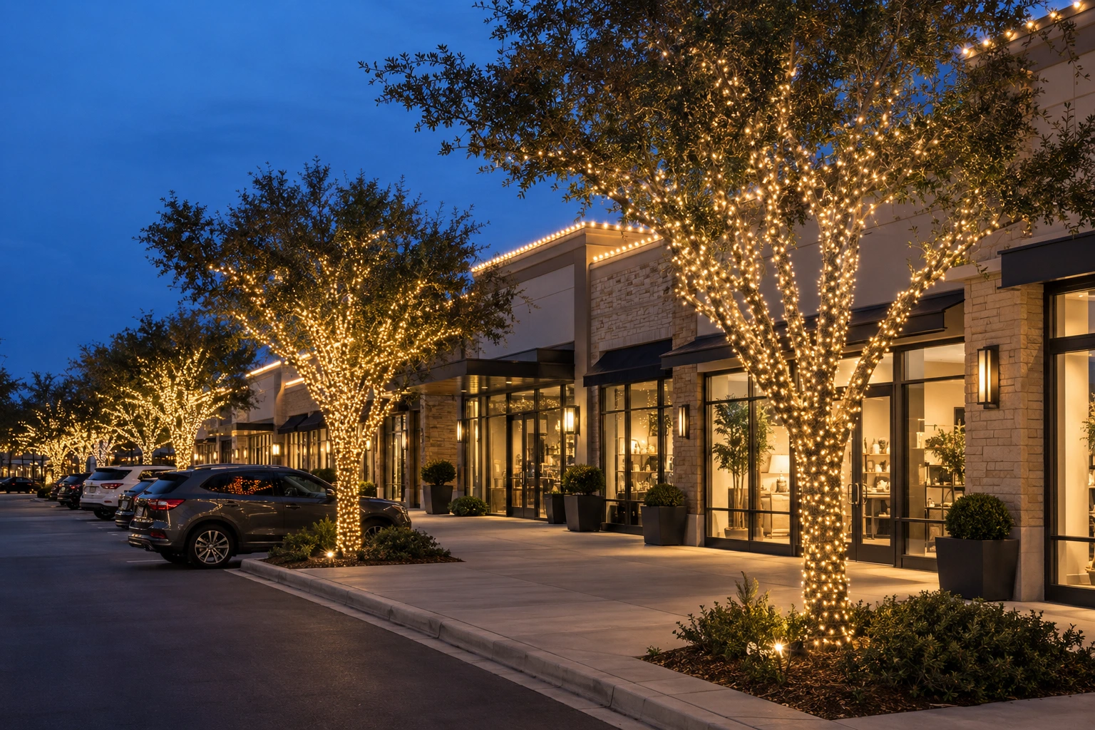 Outdoor holiday lighting at night