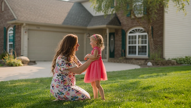 A mother holding her baby girl while standing in front of a house.