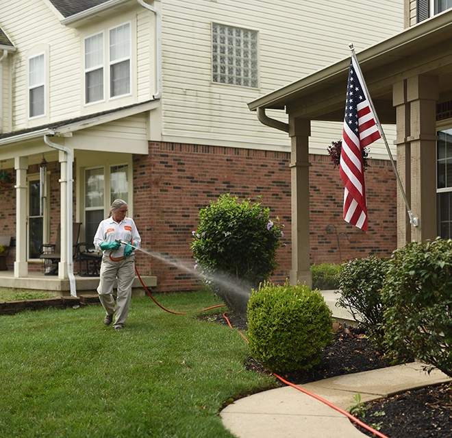 Women watering plants near a flag.