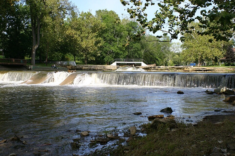 A dam with flowing water running over in Pendleton, IN