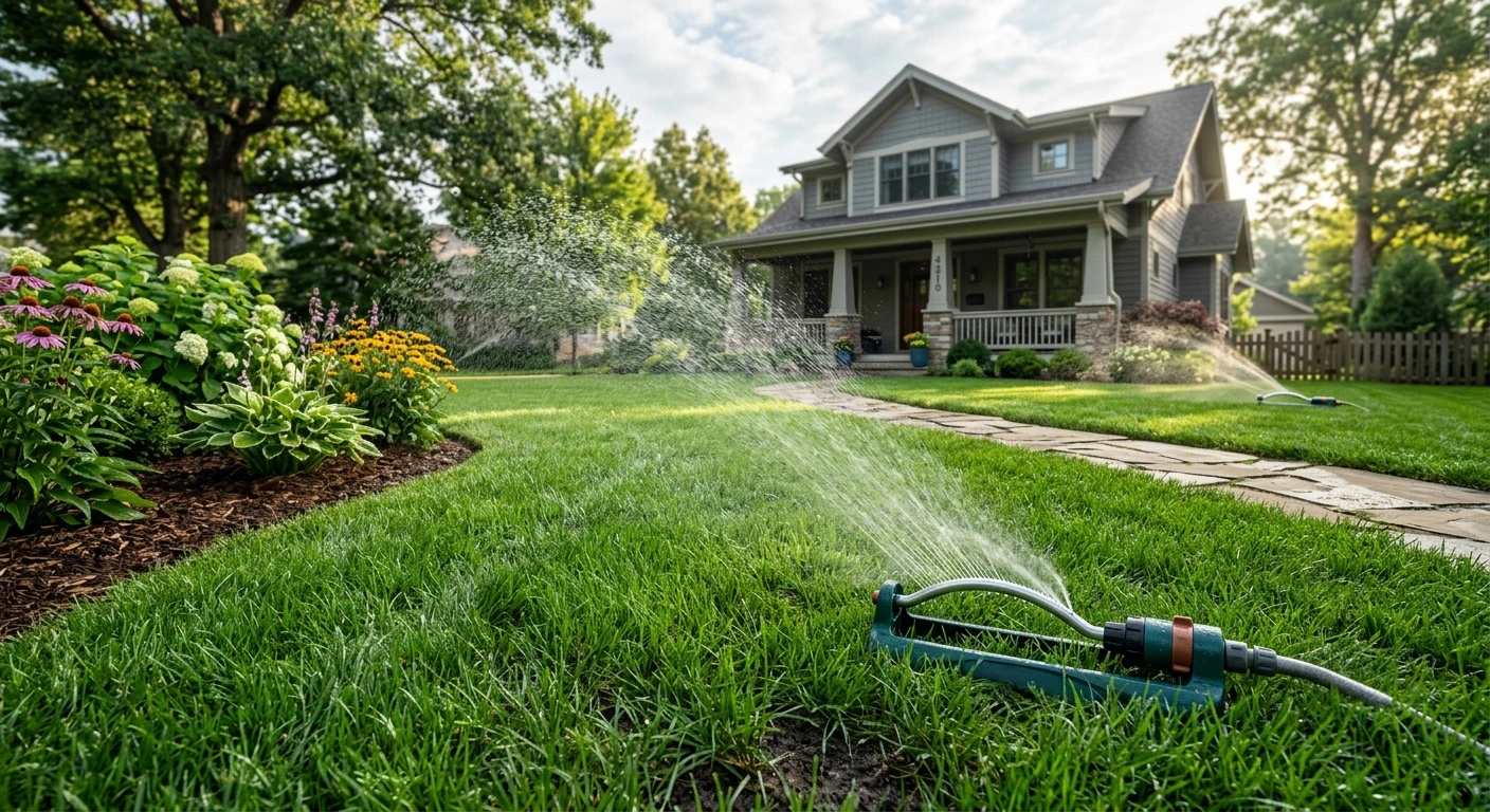 A sprinkler on a lawn watering an Indianapolis yard