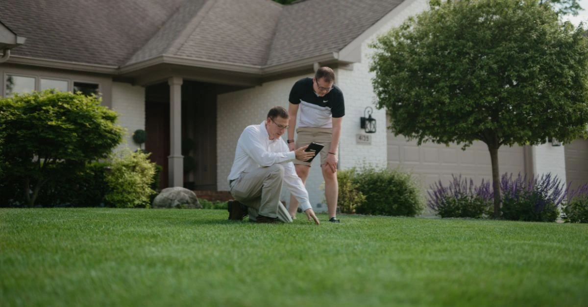 Lawn Pride professional talking with customer