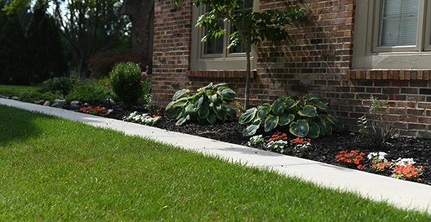 Grass and garden outside of brick house.