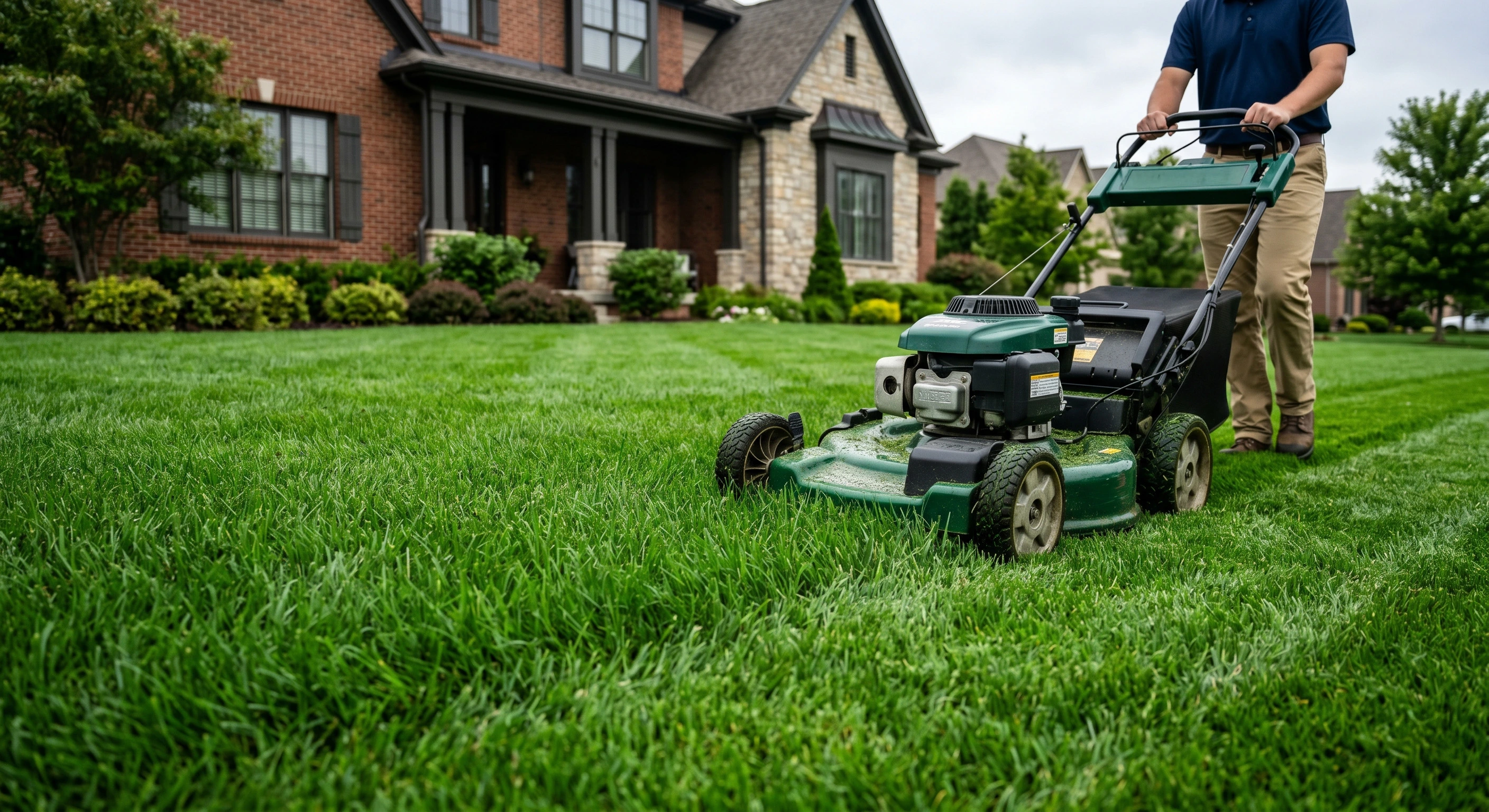 Man mowing the front yard of a house