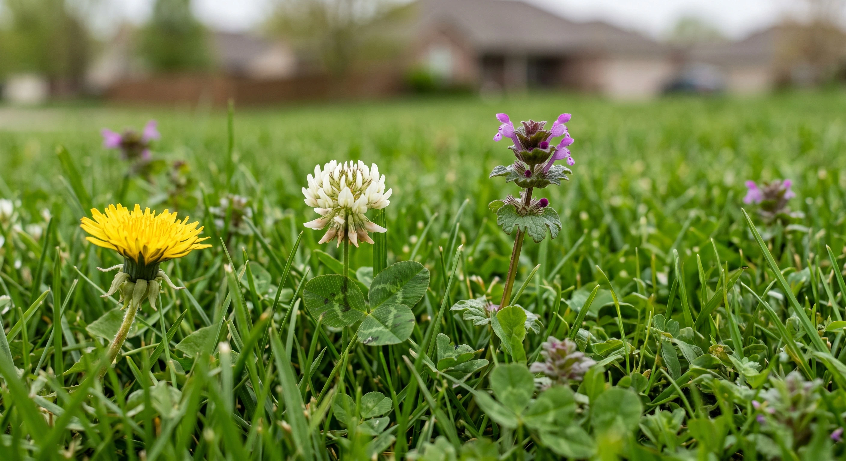 Weeds coming out of a grass lawn