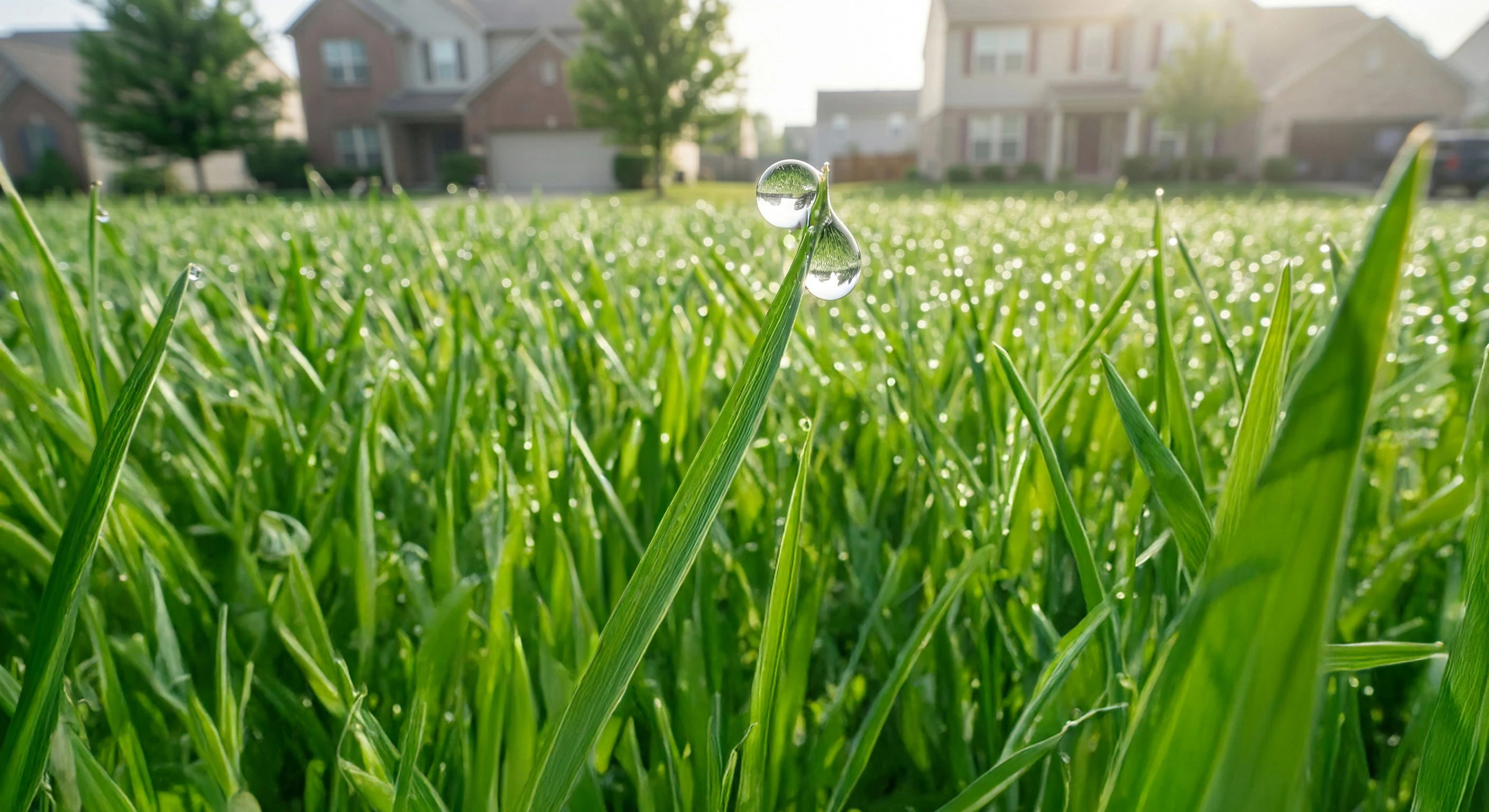 Water droplets on a green Indianapolis lawn