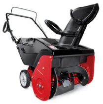 A red and black snow blower with two wheels and a large chute for discharging snow, viewed from a low rear angle.