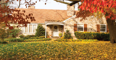 A stone house with brown shutters and a shingled roof sits among trees.